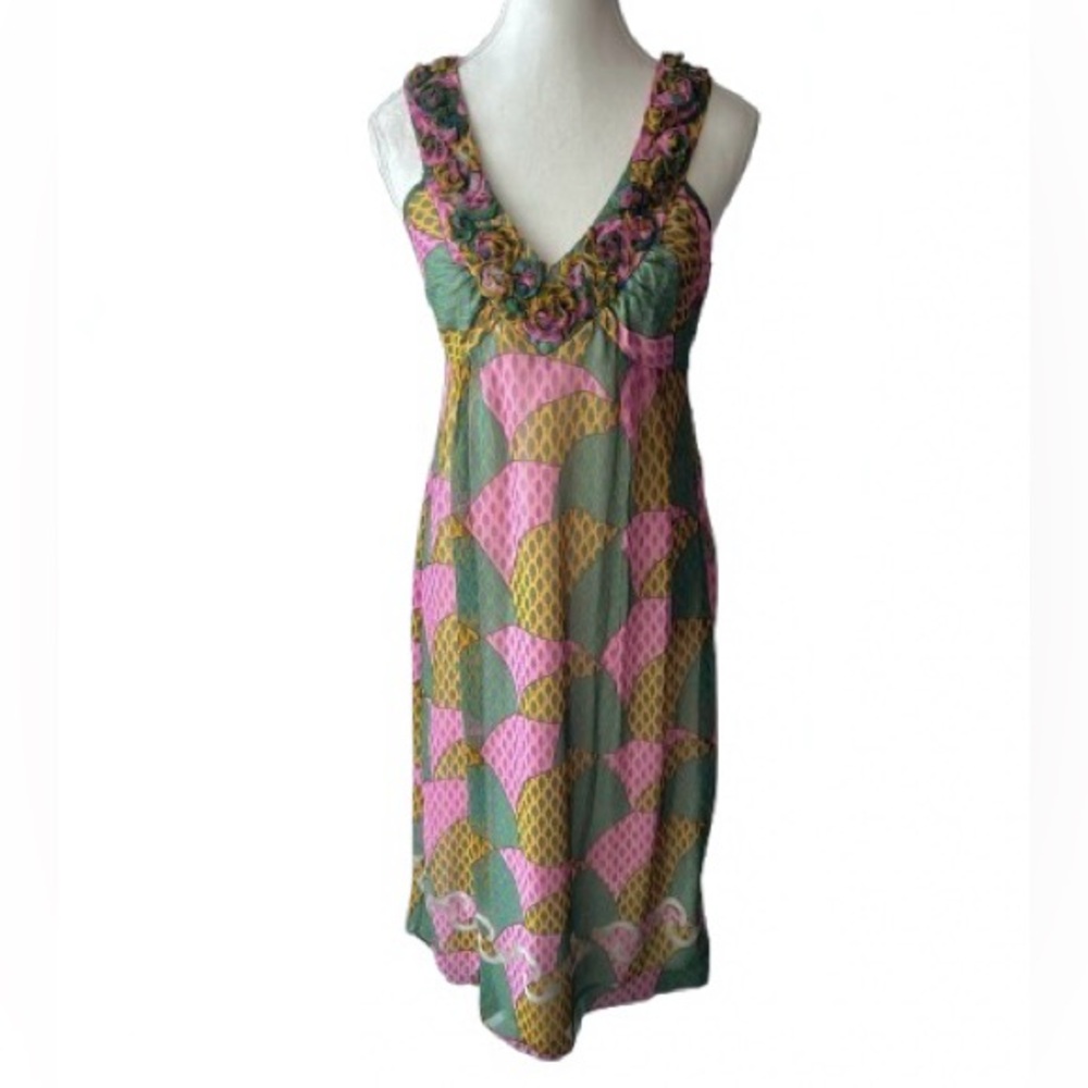 Birds & Trees 100% Silk PARAMETER Leaves Dress Small Pink Green Floral Boho Leaf